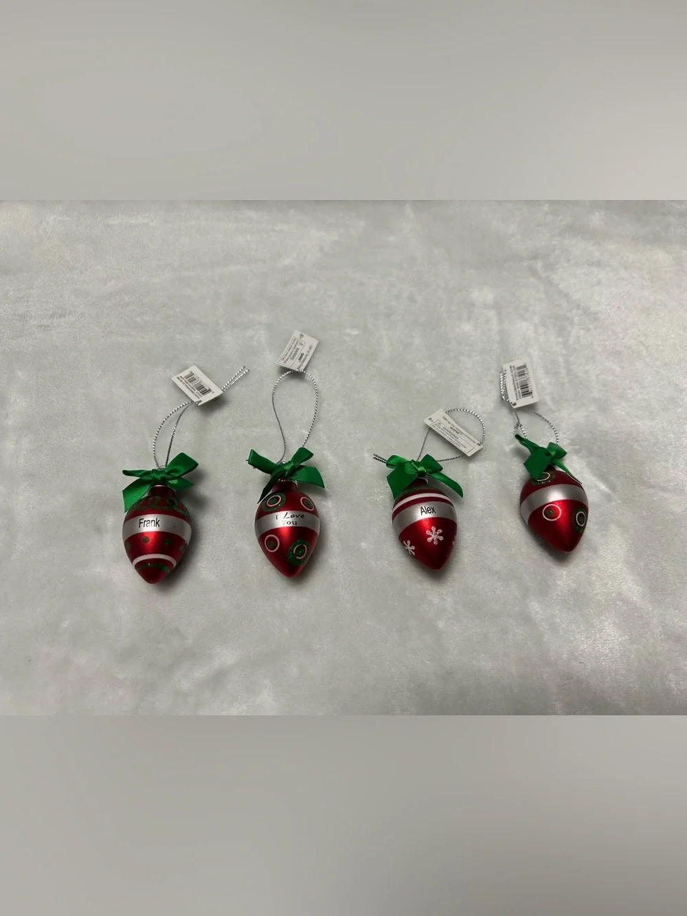 Vintage Ganz Christmas 4 ornaments small red sliver green light bulbs Alex Frank